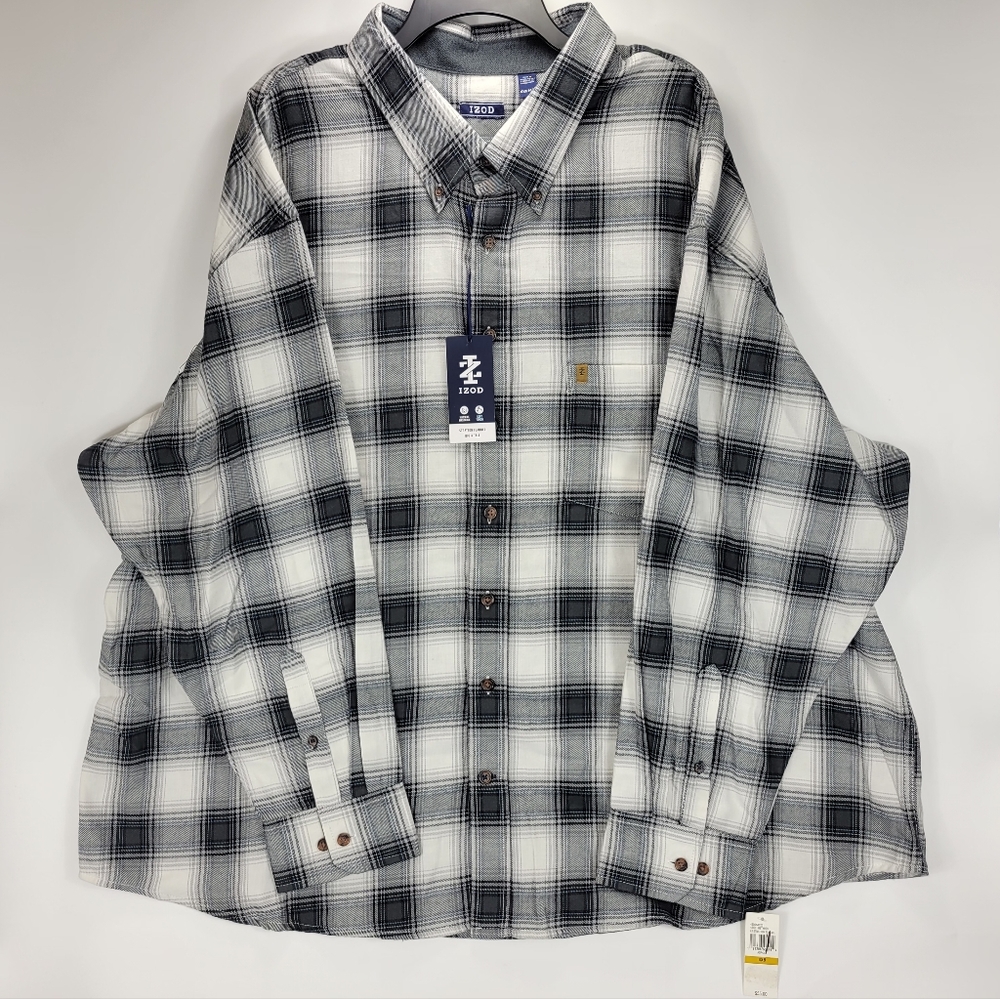 Izod Stratton Flannel Long Sleeve Button Front Shirt Mens 4XB Black Gray White
